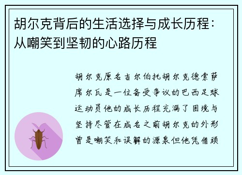 胡尔克背后的生活选择与成长历程：从嘲笑到坚韧的心路历程